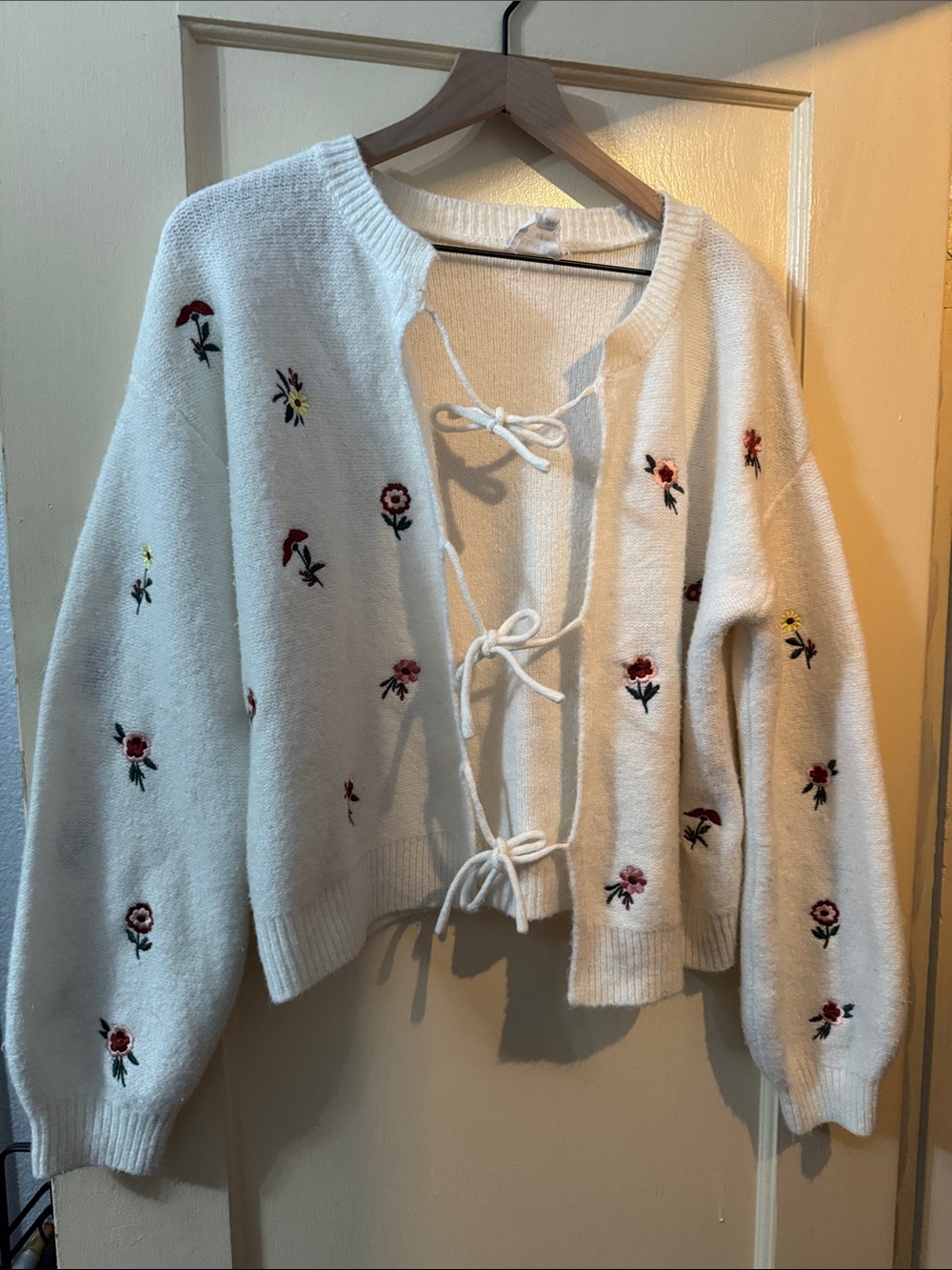 Cream Floral Tie-Front Cardigan Sweater